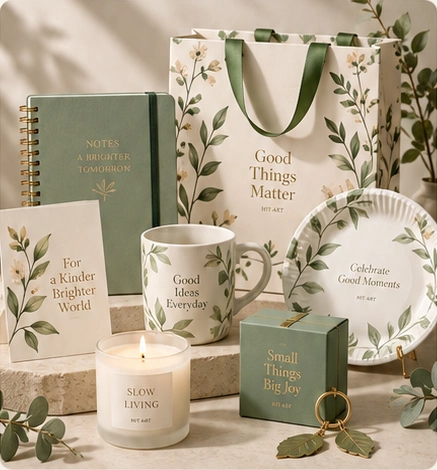 Coordinated botanical gift collection with stationery, gift packaging, ceramics, candles and accessories