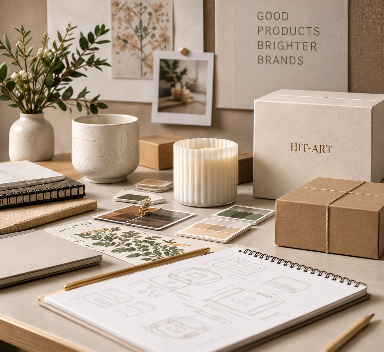 Hit-Art product development studio with stationery, ceramics, candles and gift packaging